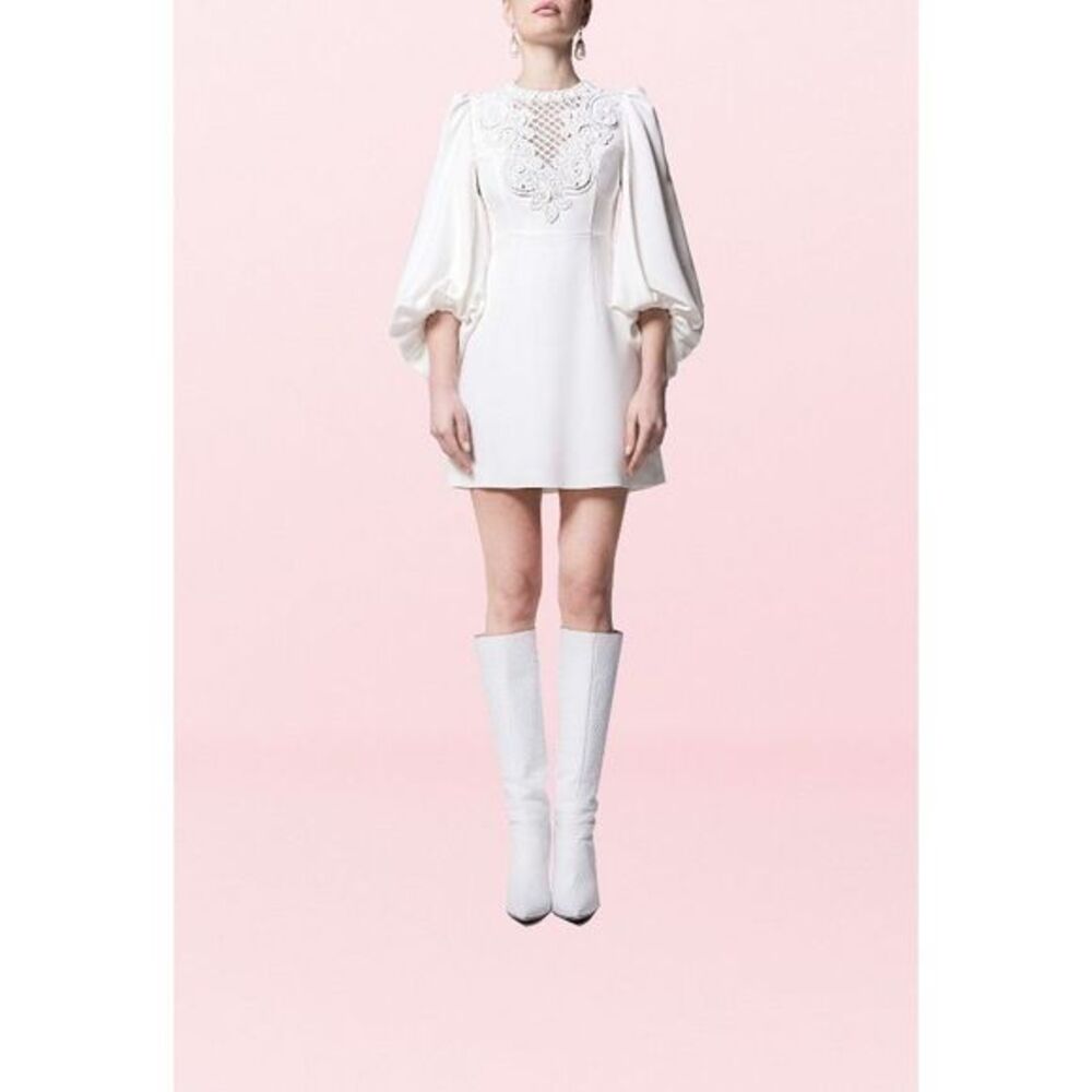ANDREW GN Lattice Ruffle Puff-Sleeve Minidress